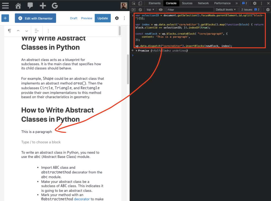 Gutenberg add a block to a selected block using JavaScript
