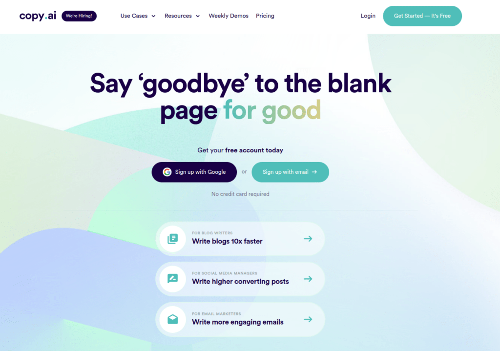 CopyAI AI story generator website homepage