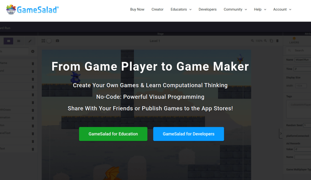 Gamesalad no-code app builder tool demo