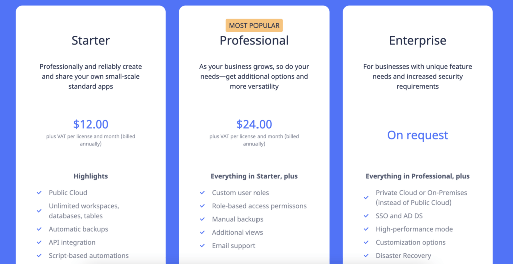 Ninox pricing table