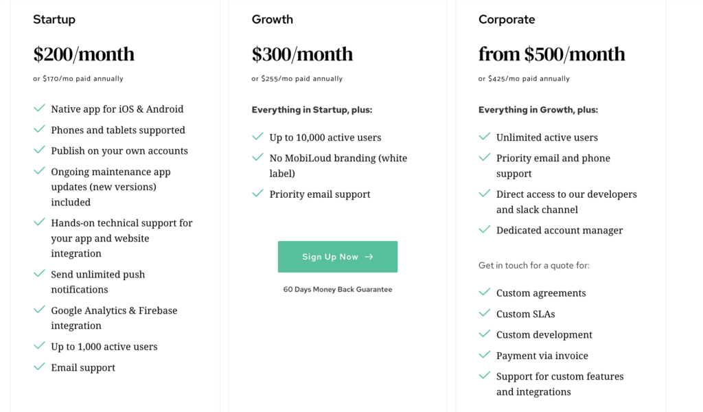 Mobiloud pricing table