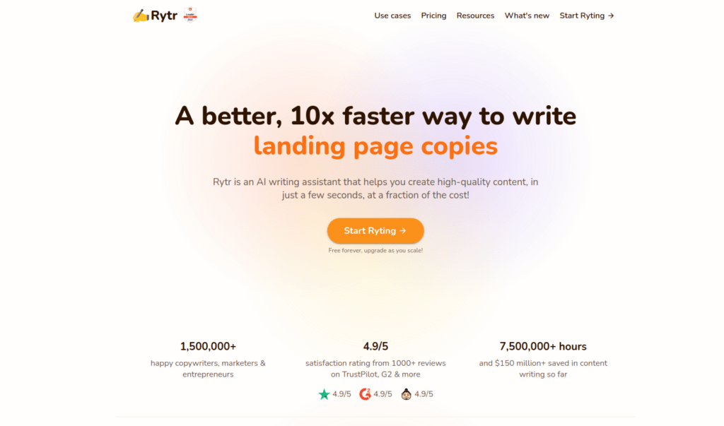 Rytr AI story generator website homepage