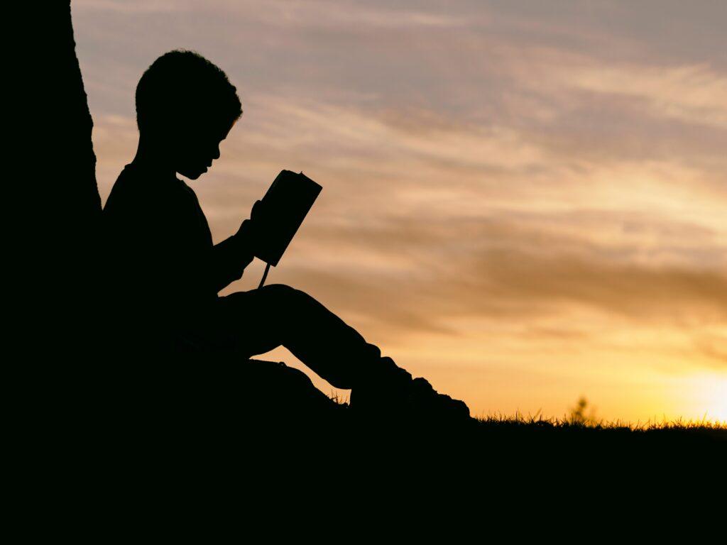 a kid reading a book in the sunset below a tree