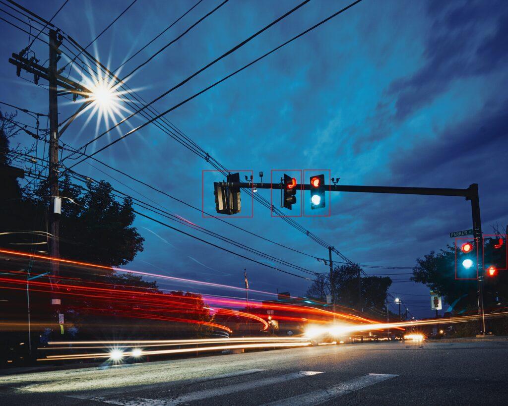 Traffic lights detected by an AI system