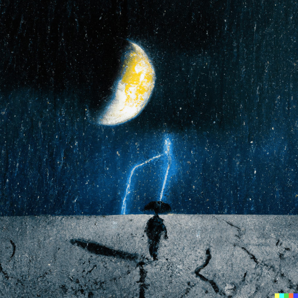 AI Generated image: a man walking on the moon looking at what appears to be another moon in the disance with some lightning