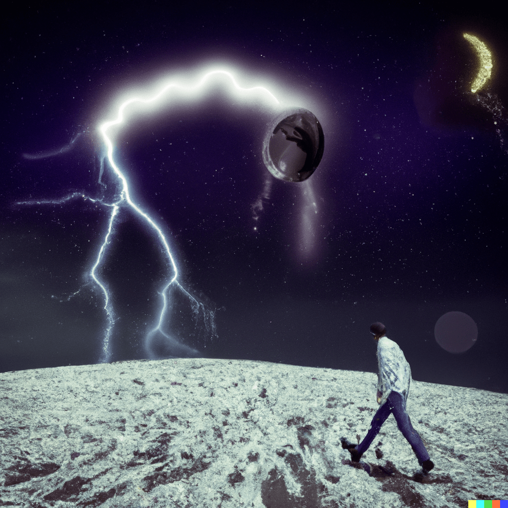 AI Generated image: a man walking on the moon looking at what appears to be another moon in the disance