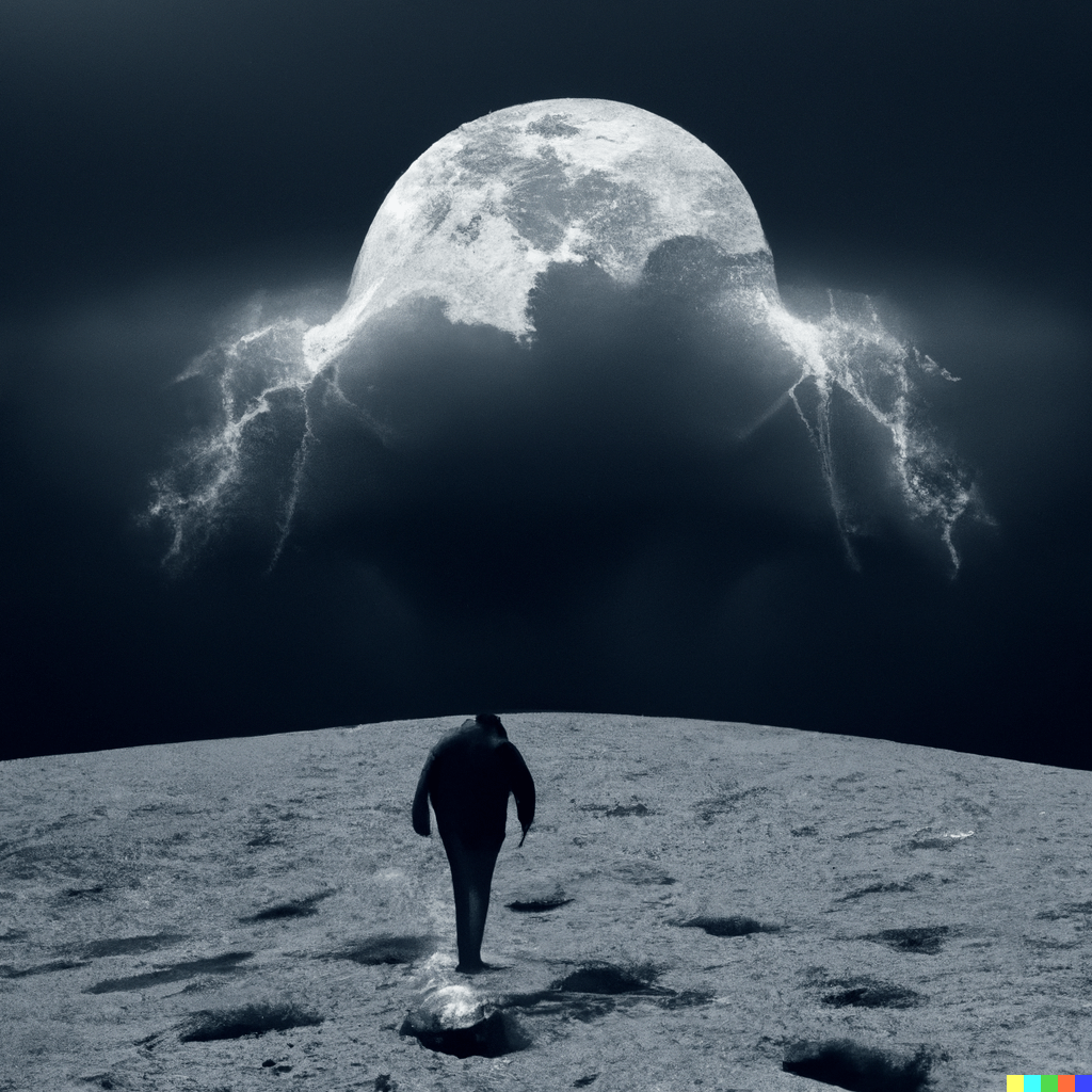 AI Generated image: a man walking on the moon looking at what appears to be another moon in the disance with some lightning