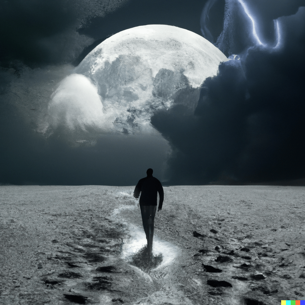 AI Generated image: a man walking on the moon looking at what appears to be another moon in the disance