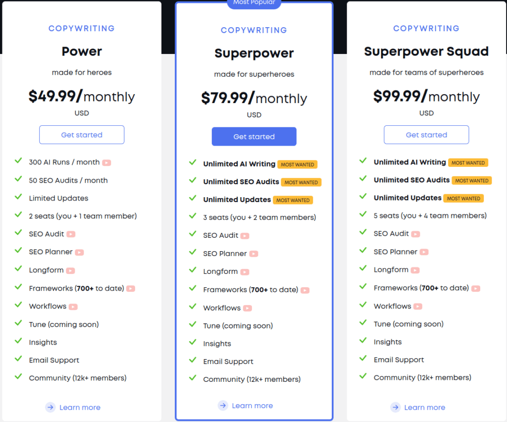 Closerscopy pricing table