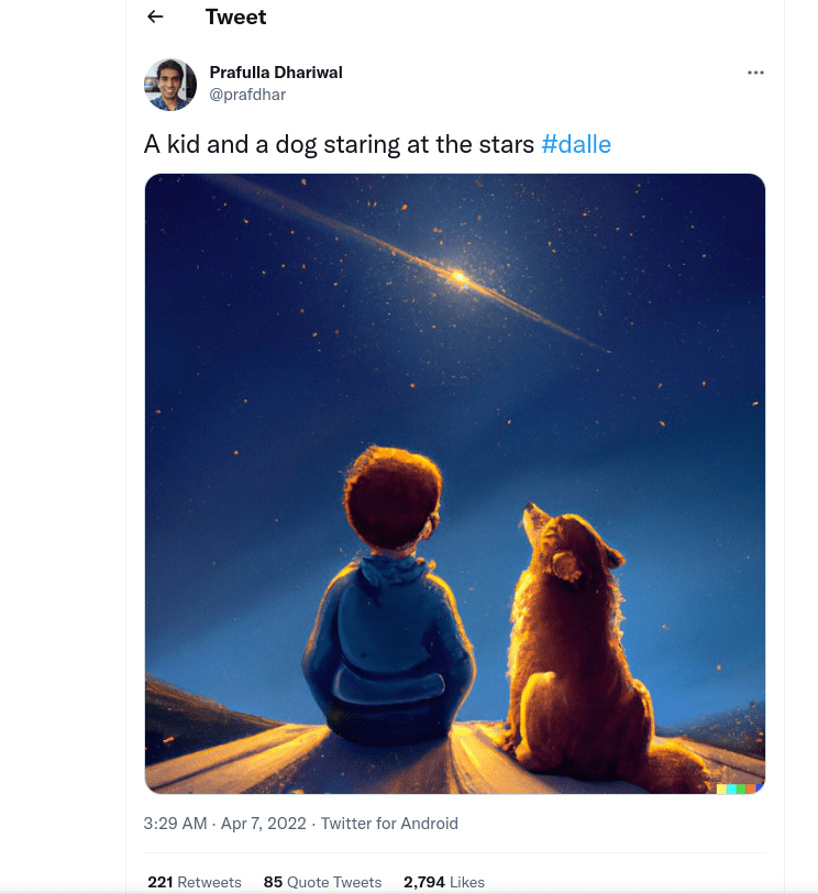 A DALL-E 2 generated image of a boy and a dog looking at a galaxy on a mountain