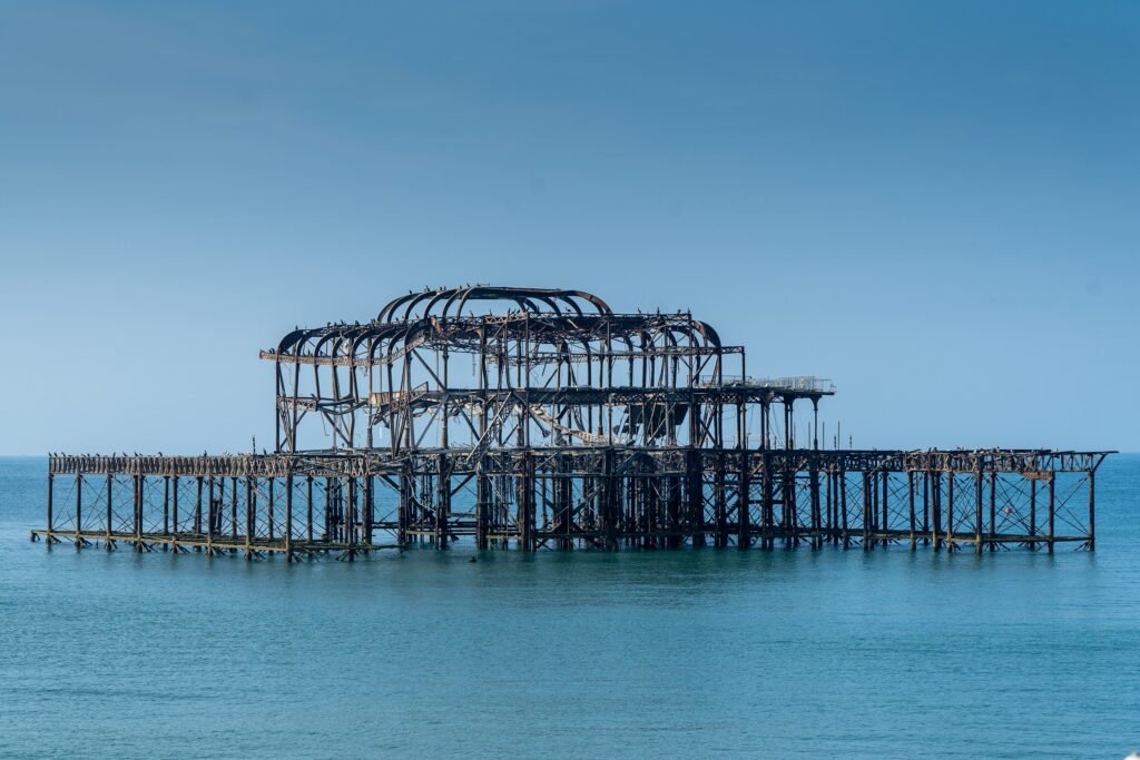 A framework of a hall built on top of water