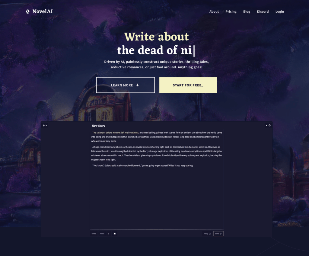 NovelAI AI story generator website homepage