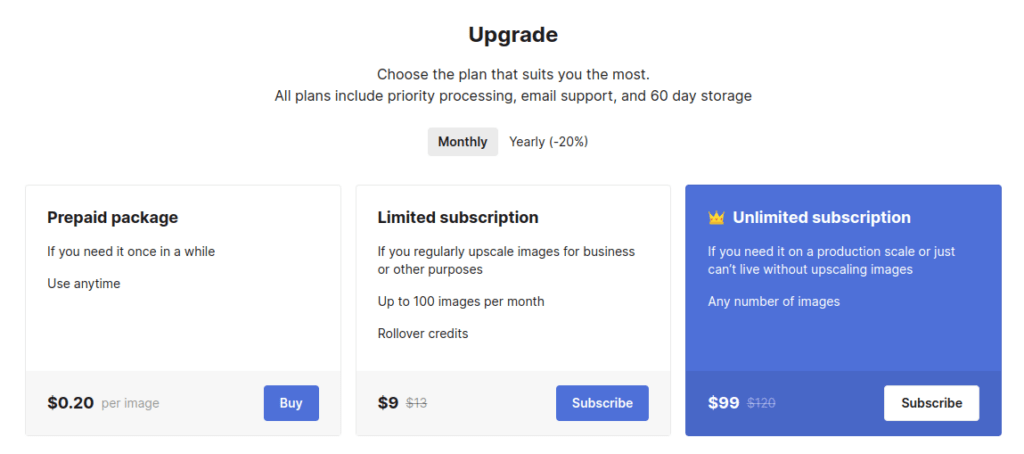 Icons8 image upscaler pricing table