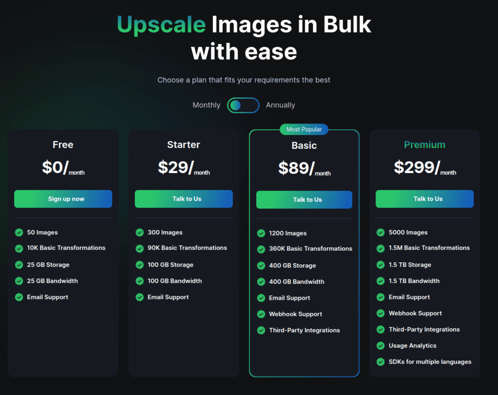 Upscaler pricing table