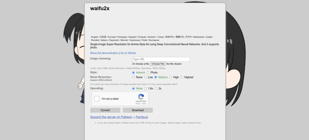 Waifu2x image upscaler website