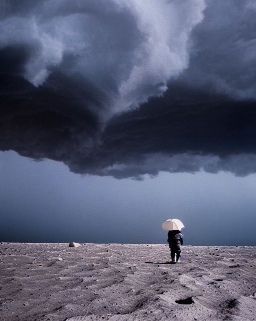 A photorealistic image of a man walking towards a thunderstorm wearing an umbarella