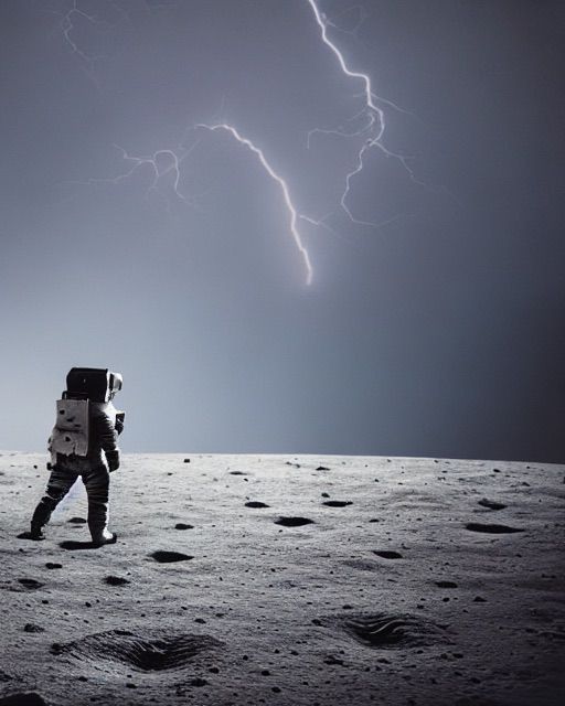 A photorealistic image of a man walking on the moon in a thunderstorm