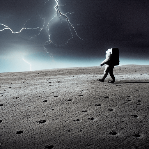 AI Generated image: A man with a spacesuit walking on the moon in a thunderstorm