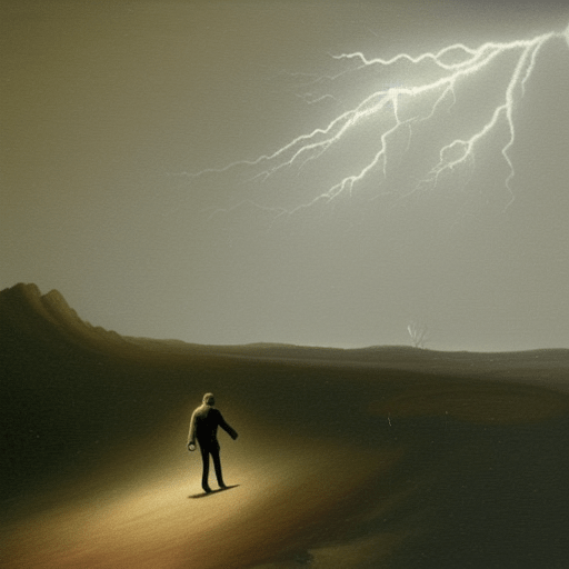AI Generated oil painting: A man walking on the moon in a thunderstorm