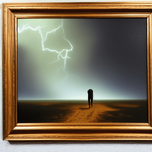 AI Generated painting hanging on the wall: A man walking on the moon in a thunderstorm