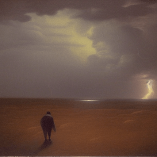 AI Generated painting: A man walking on the moon in a thunderstorm