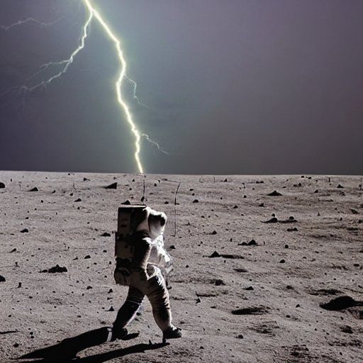 AI Generated image: A man wearing a space suit walking on the moon in a thunderstorm