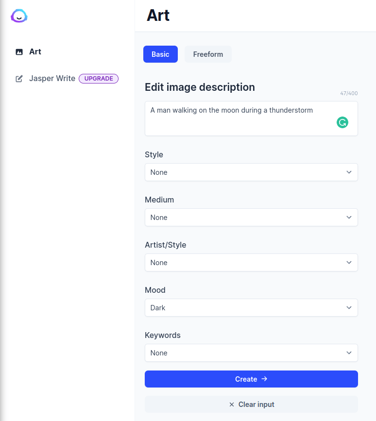 Jasper Art image generator input editor