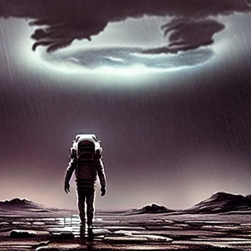 AI Generated painting: A man walking on the moon in a thunderstorm