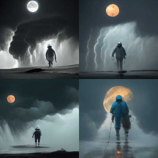 Four similar images of apocalyptic site where a huge person is walking on the moon in a thunderstorm through the clouds