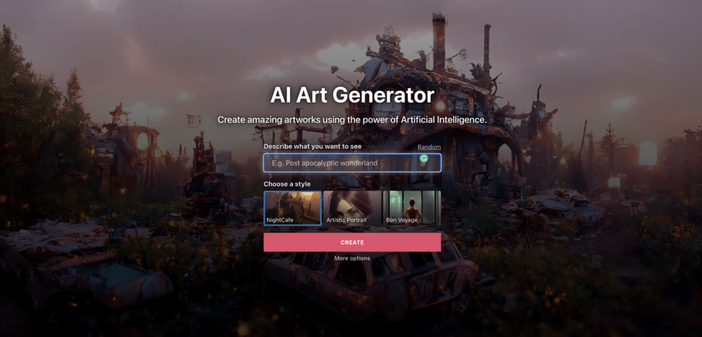 Nightcafe AI Art Generator homepage