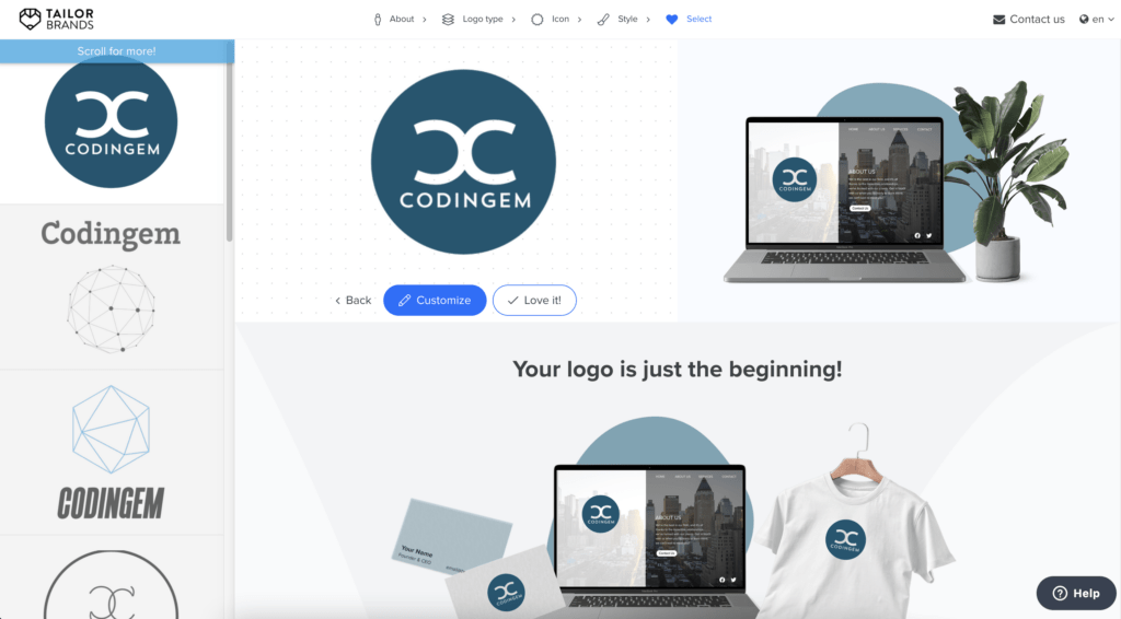 Tailor Brands AI logo generator results for my test use case