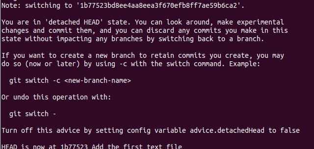 a git output that shows detached head state warning