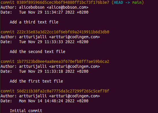 Git log shows commit history with a new commit author