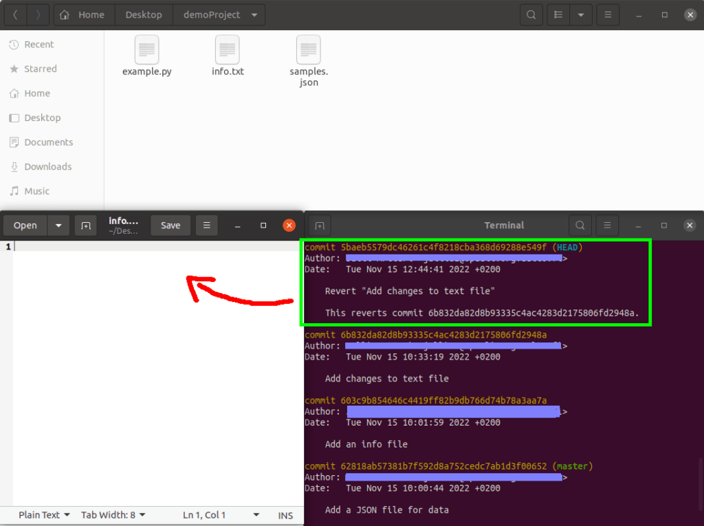 Checking the log of a project with git log after undoing a pushed commit.