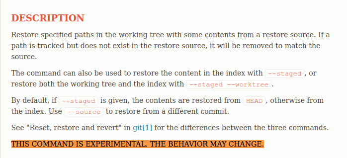 git official documentation for git restore experimental command