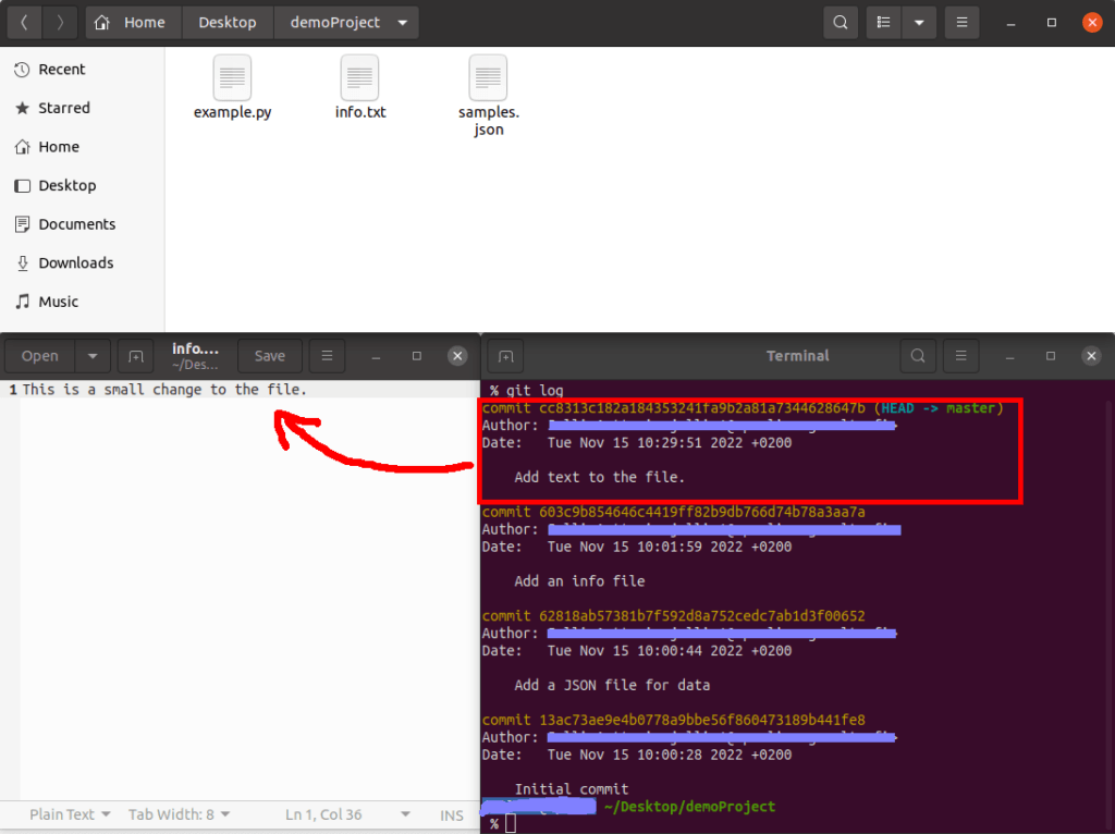 A git commit that changes text of a text file.