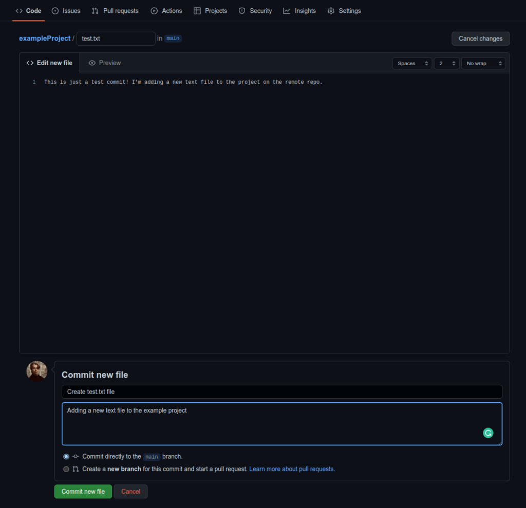 Creating a git commit directly in the remote origin