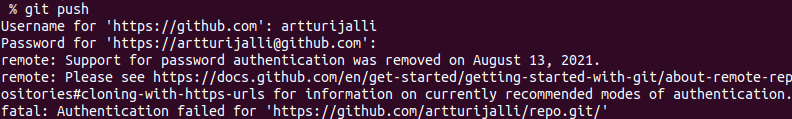 Support for password authentication was removed on Aug 13, 2021 error shown in a terminal view
