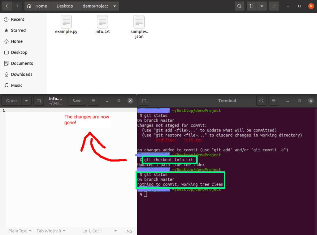 Undoing an uncommitted change with the git checkout command.