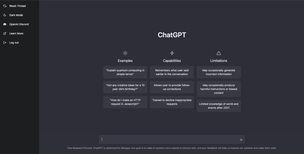 ChatGPT main chat view to use the AI to write content