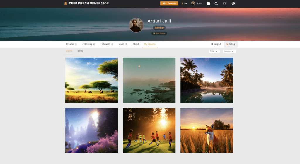 DeepDreamGenerator profile page with AI generated art