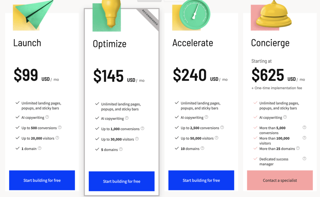 Unbounce pricing table
