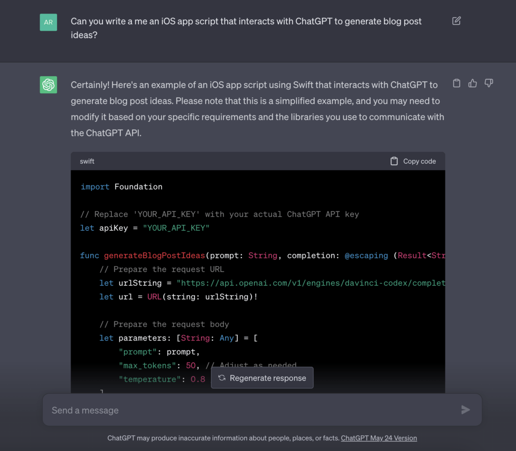 ChatGPT writing Swift code for iOS apps