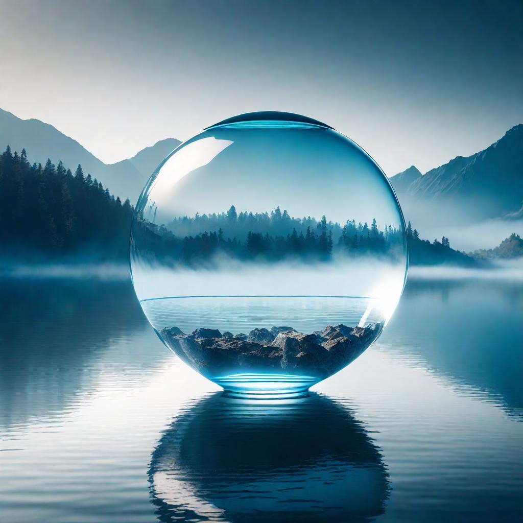 3D render of a glass globe floating on top of a misty lake