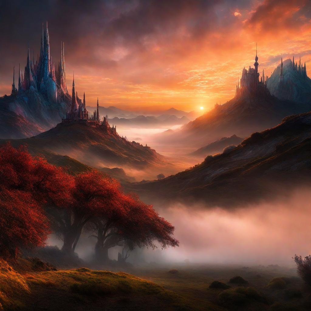 A misty mighty wonderland in a distant galaxy during sunset