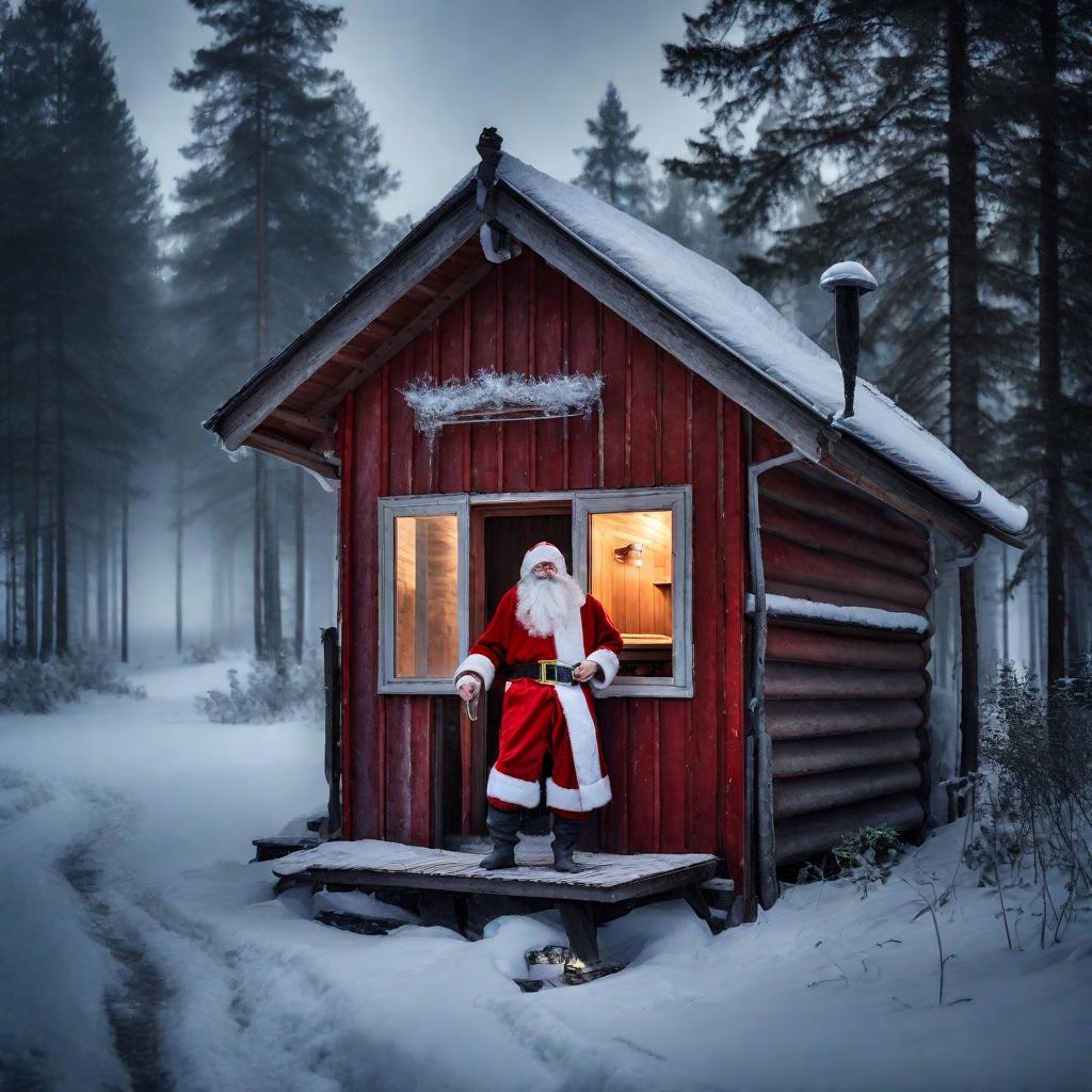Santa Claus in a misty sauna in the Finnish countryside