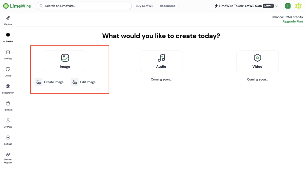 LimeWire AI Image Generator dashboard