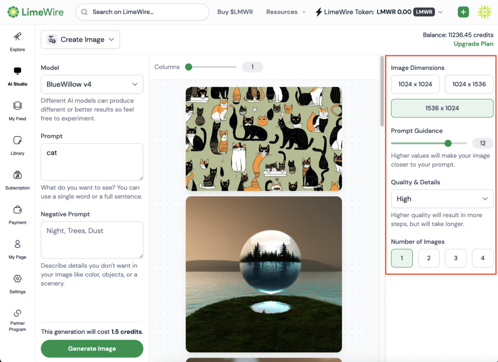 LimeWire image dimensions and other settings