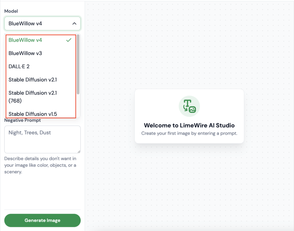 LimeWire AI Image Generator models