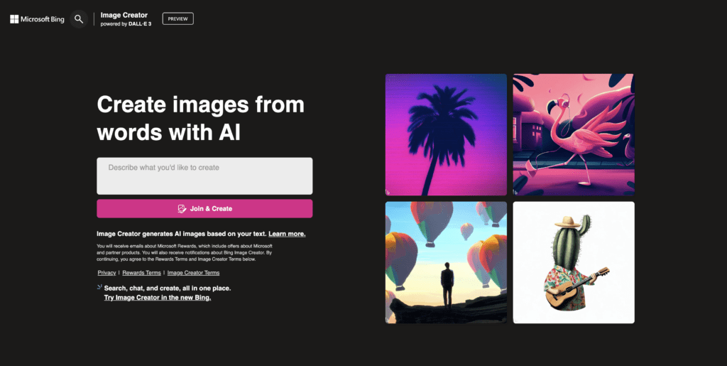 Bing AI Image Creator homepage